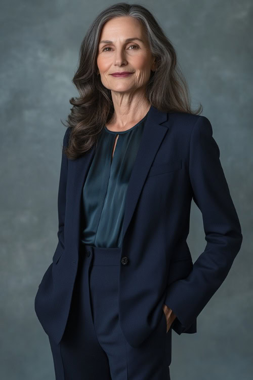 A woman over 50 years old in a navy blue tailored blazer over a silk blouse, paired with straight-leg trousers and black loafers