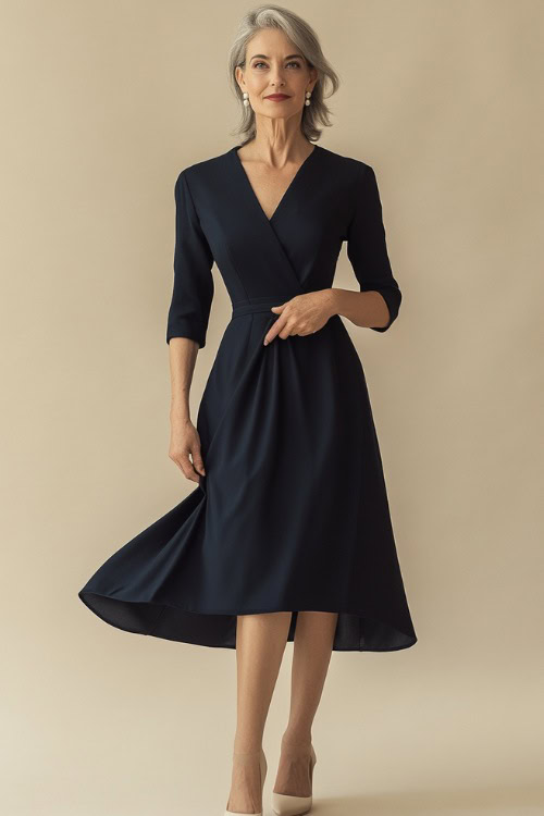 A woman over 50 years old in a navy blue wrap midi dress with three-quarter sleeves, accessorized with pearl drop earrings and beige heels