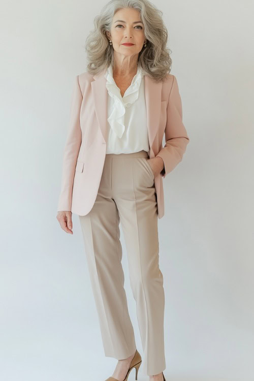 A woman over 50 years old in a pastel pink tailored blazer over a white blouse, styled with beige wide-leg trousers and tan pumps