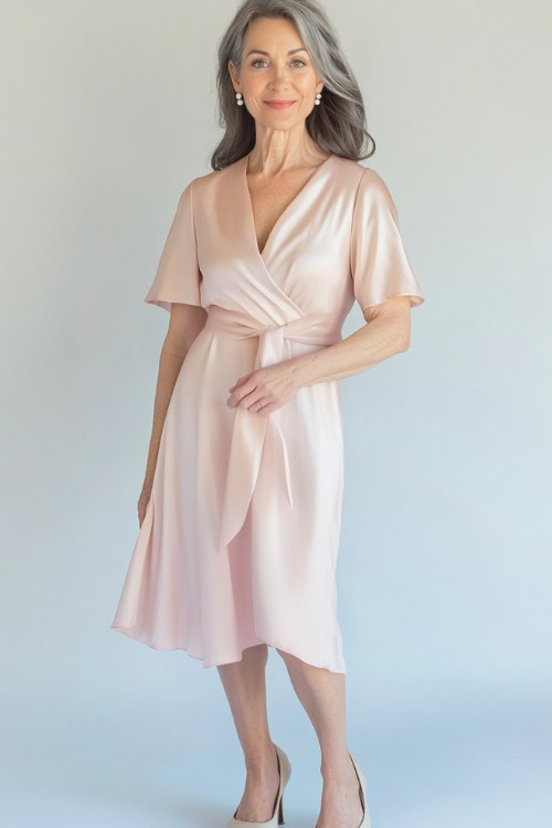 A woman over 50 years old in a pastel pink wrap midi dress with cap sleeves, accessorized with pearl drop earrings and beige ballet flats