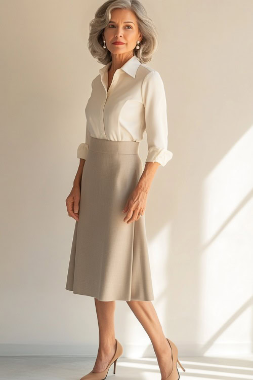 A woman over 50 years old in a structured beige A-line midi skirt with a tailored white blouse, accessorized with pearl earrings and tan pumps