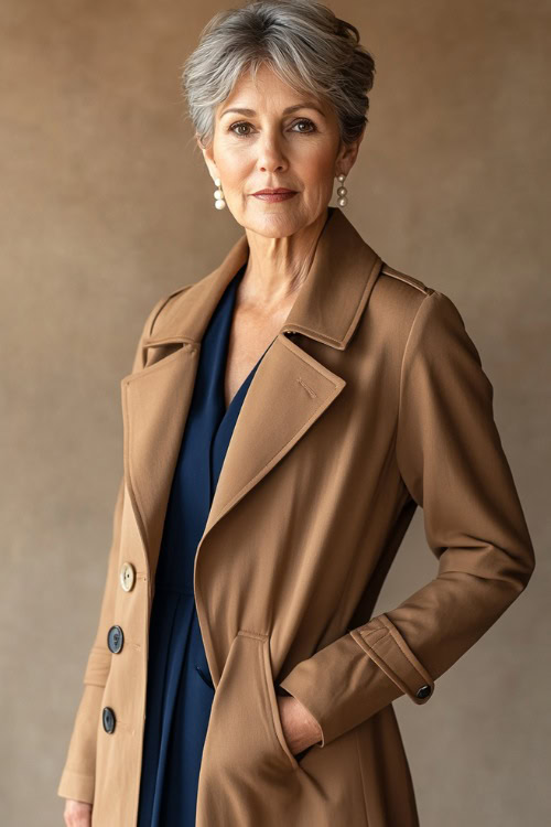 A woman over 50 years old in a structured camel-colored trench coat over a navy blue sheath dress