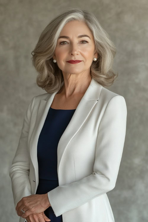 A woman over 50 years old in a structured white blazer over a navy blue midi dress