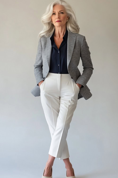 A woman over 50 years old in a tailored light gray blazer over a navy blue blouse, paired with white straight-leg trousers and beige pointed-toe flats