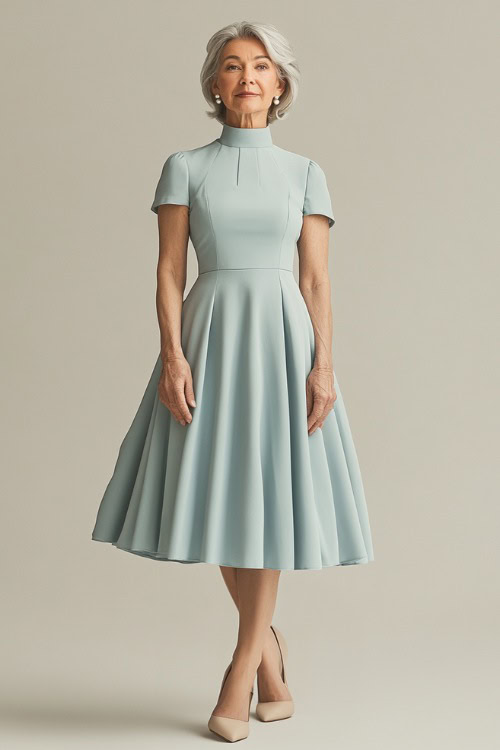 A woman over 50 years old in a tailored pastel blue midi dress with a high neckline, accessorized with pearl earrings and beige pointed heels