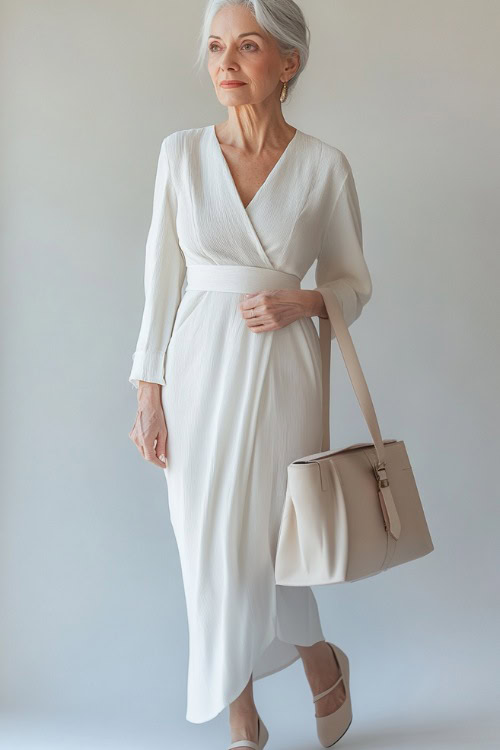 A woman over 50 years old in a white belted wrap dress with long sleeves, styled with beige heeled sandals and a structured handbag