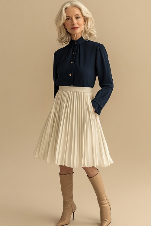 A woman over 50 years old in a white pleated midi skirt paired with a navy blue silk blouse, accessorized with beige ankle boots