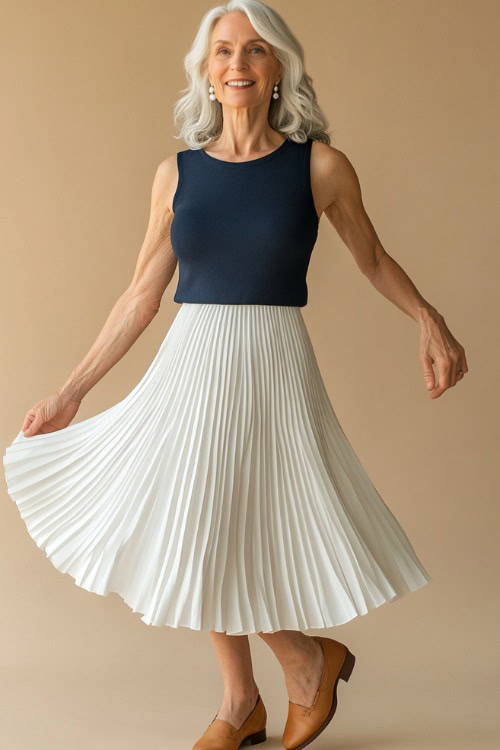 A woman over 50 years old in a white pleated midi skirt paired with a navy blue sleeveless top,