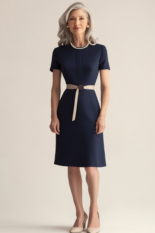 A woman over 50 years old wearing a fitted navy blue sheath dress with a belted waist, styled with beige heeled sandals and a pearl necklace