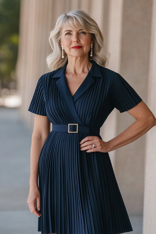 A woman over 50 years old wearing a navy blue pleated midi dress with a belted waist, accessorized with pearl drop earrings and tan ballet flats