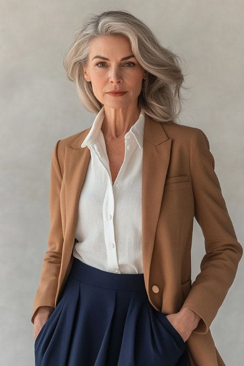 A woman over 50 years old wearing a structured camel blazer over a white linen blouse, styled with a high-waisted navy blue midi skirt and beige pumps