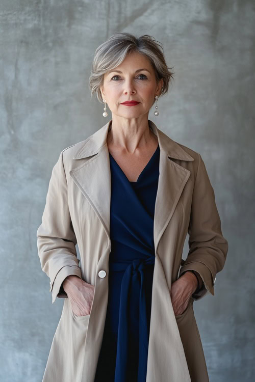 A woman over 50 years old wearing a tailored beige trench coat over a navy blue wrap dress