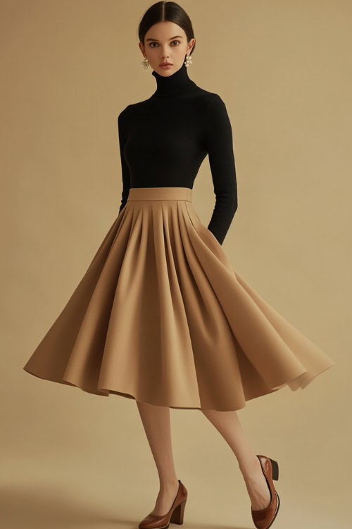 A woman wearing a beige A-line midi skirt with a fitted black turtleneck, accessorized with pearl earrings and brown leather loafers