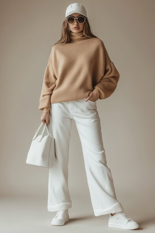 A woman wearing a beige cashmere sweater tucked into high-waisted white straight-leg jeans, styled with white leather sneakers and a structured handbag