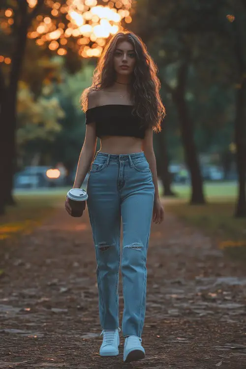 A woman wearing a black off-shoulder top, light-wash mom jeans, and white sneakers, holding a coffee cup while walking through a park in the evening,