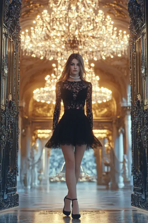 A woman wearing a classic little black dress with lace sleeves, patent leather heels, and a pearl choker, standing in front of a grand chandelier-lit ballroom entrance