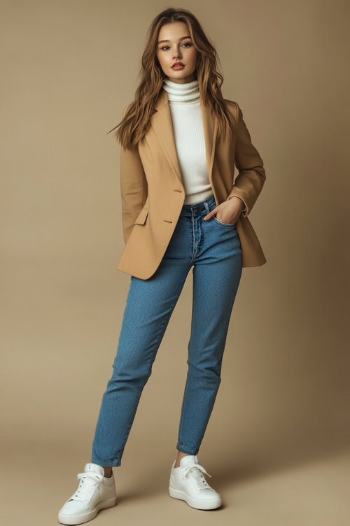 A woman wearing a fitted beige blazer over a white turtleneck, paired with high-waisted blue jeans and white sneakers