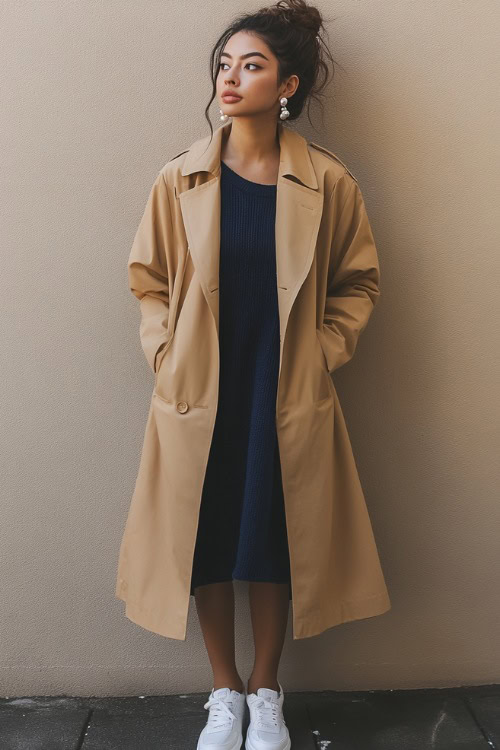 A woman wearing a fitted beige trench coat over a navy blue knit midi dress, styled with pearl earrings and white sneakers