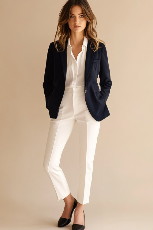 A woman wearing a navy blue blazer over a white button-up shirt, paired with slim white trousers and black ballet flats (2)