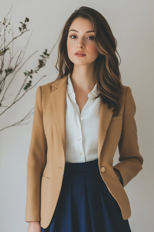 A woman wearing a structured camel blazer over a white linen blouse, styled with a high-waisted navy blue midi skirt and pumps