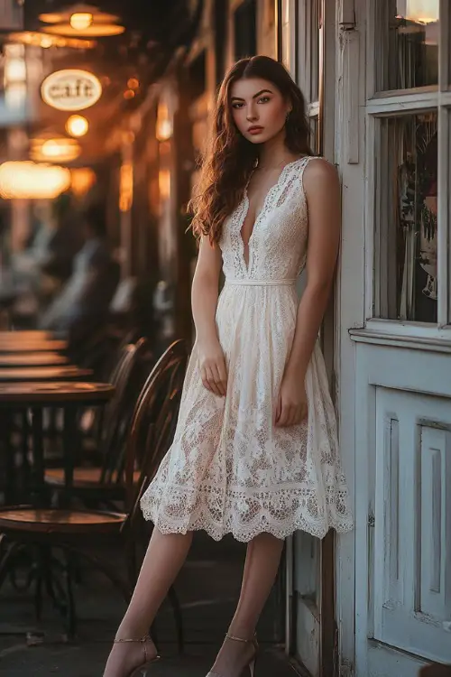 A woman wearing a white lace midi dress, soft curls, and heels, leaning against a vintage-style café exterior at sunset