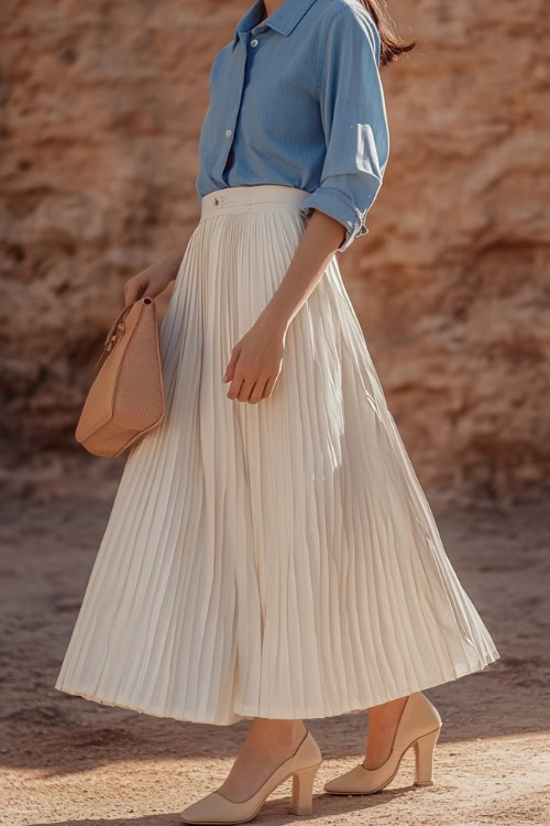 A woman wearing a white pleated midi skirt with a pastel blue button-up shirt, styled with a structured handbag and beige loafers