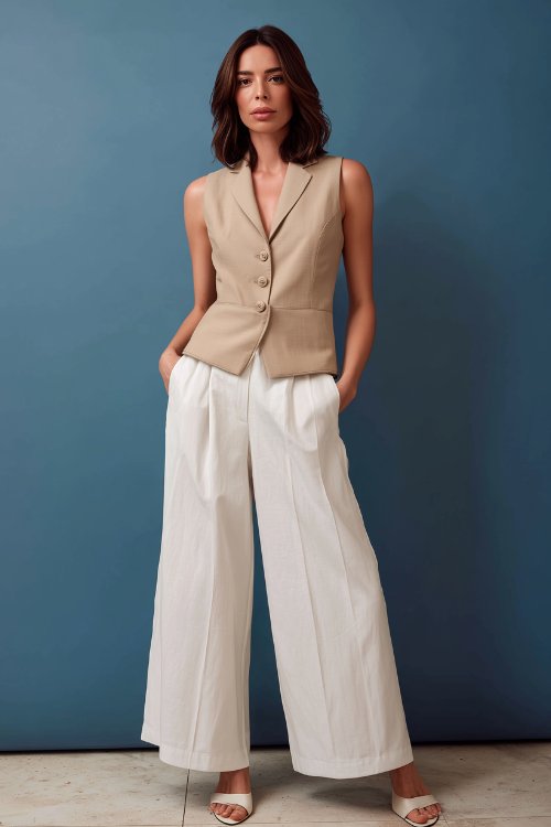 A woman wears a beige sleeveless vest top with white wide-leg trousers and white sandals for a minimalist summer outfit