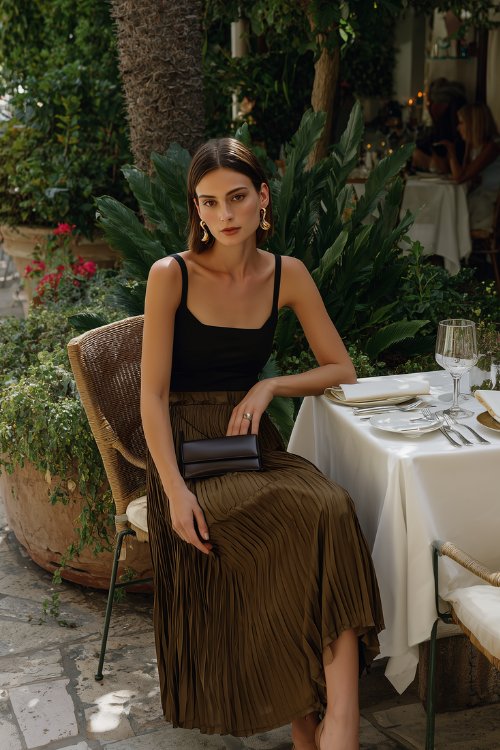 A woman wears a black tank top with an olive green pleated midi skirt and gold earrings for an outdoor restaurant date