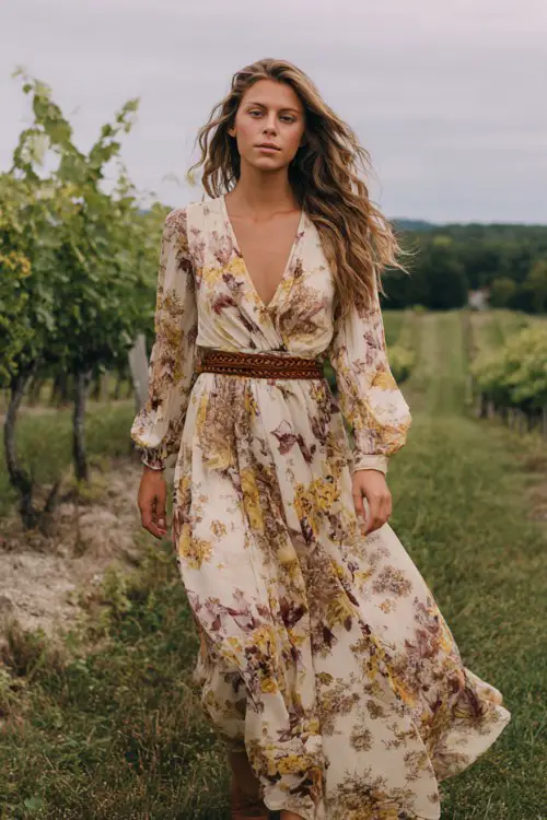A woman wears a flowy floral maxi dress with a deep V-neck, cinched at the waist with a woven belt, paired with brown wedge sandals