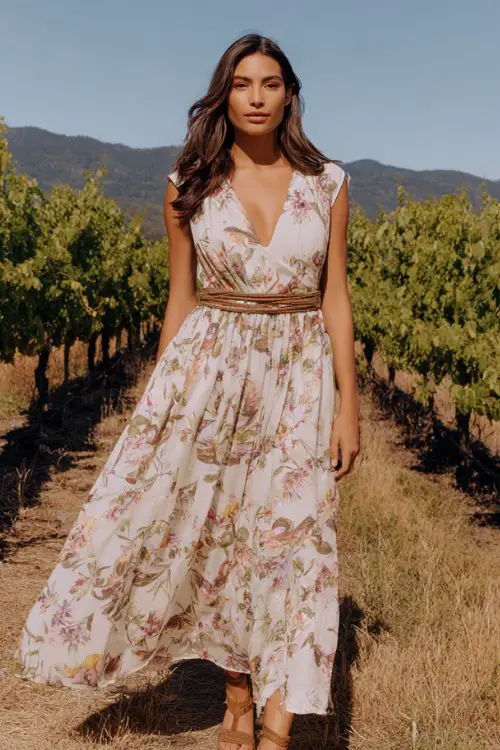 A woman wears a flowy floral maxi dress with a deep V-neck, cinched at the waist with a woven belt, paired with brown wedge sandals