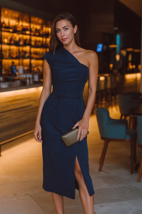A woman wears a navy one-shoulder dress with a slit and nude heels for an elegant evening out