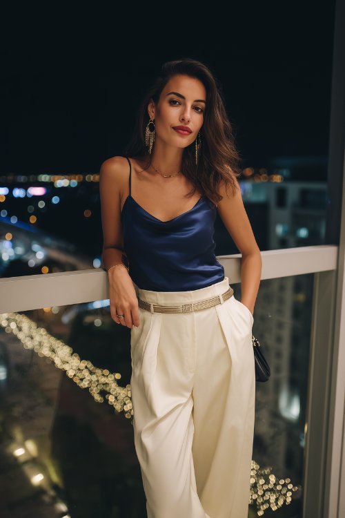 A woman wears a navy satin camisole with white high-waisted trousers and gold statement earrings for a rooftop evening