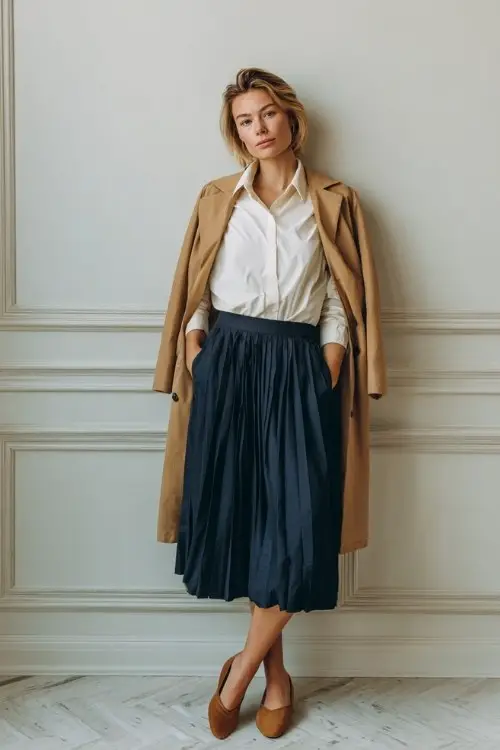 A woman wears a pleated navy midi skirt with a crisp white blouse tucked in, a camel coat draped over her shoulders, and soft leather ballet flats