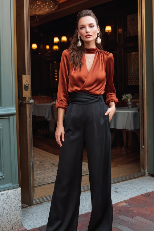 A woman wears a rust satin wrap blouse with black high-waisted wide-leg trousers and statement earrings for a classy dinner night