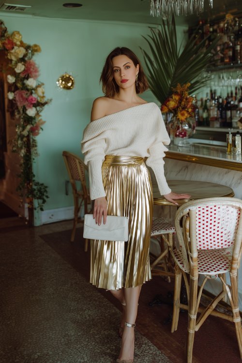 A woman wears an off-shoulder cream sweater with a metallic gold pleated skirt and gold heels for a stylish date