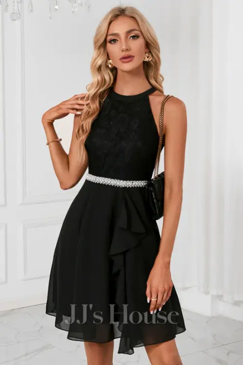 Beading Halter Sleeveless A-line Chiffon Lace Mini Dress