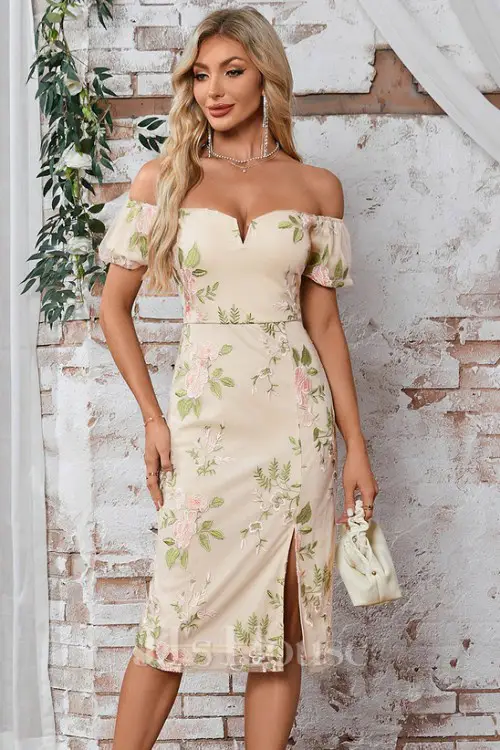 Embroidered Off the Shoulder Short Sleeve Sheath_Column Lace Midi Dress