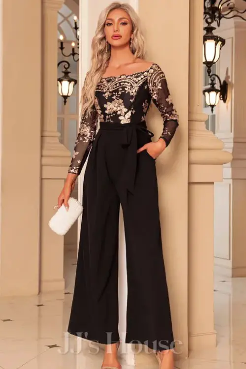 Off the Shoulder Long Sleeve Tulle Stretch Crepe Sequin Maxi Jumpsuits
