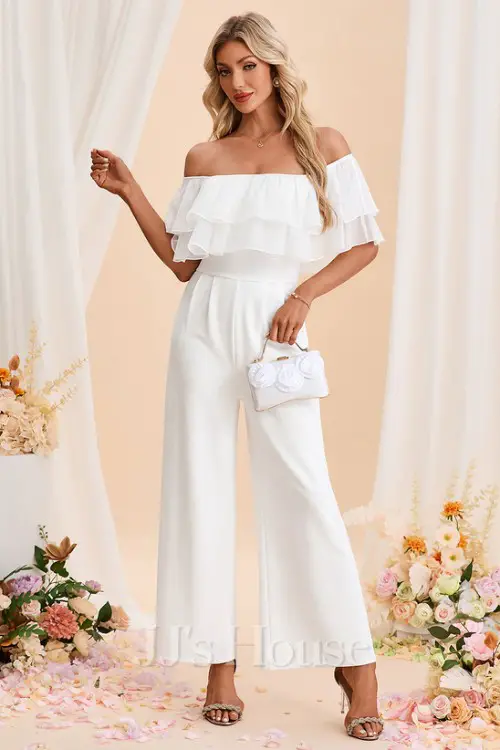 Off the Shoulder Short Sleeve Organza Stretch Crepe Maxi Jumpsuits