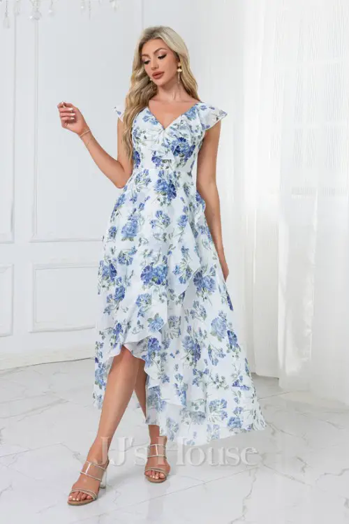 Ruffle Floral Print V-Neck Sleeveless A-line Chiffon Asymmetrical Midi Dress