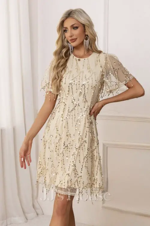 Scoop Short Sleeve Flutter Sleeve A-line Sequin Midi Dress