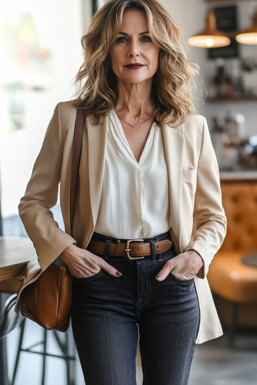 She pairs high-waisted dark-wash jeans with a silky blouse tucked in, accessorized with a leather belt and ankle boots. A tailored blazer adds a polished touch