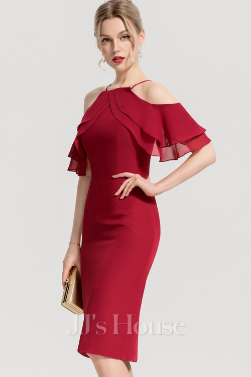 Sheath_Column Square Knee-Length Chiffon Cocktail Dress With Cascading Ruffles