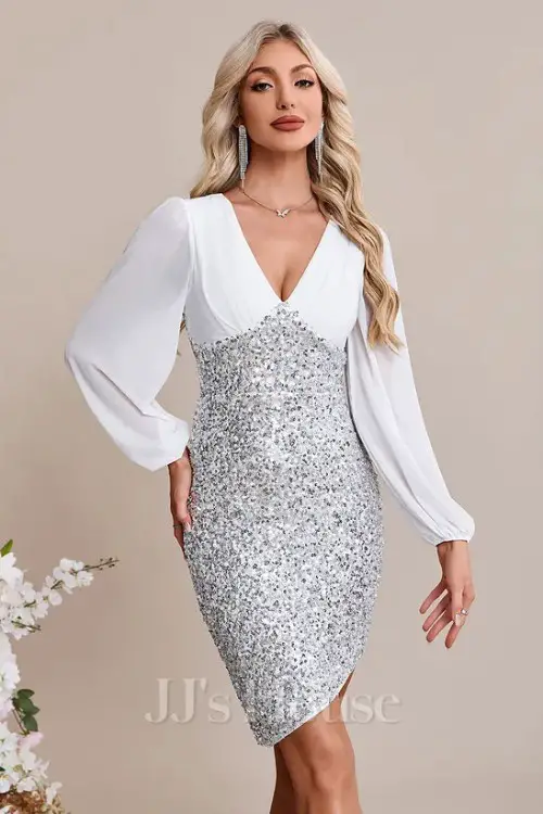 V-Neck Long Sleeve Bodycon Chiffon Sequin Asymmetrical Midi Dress