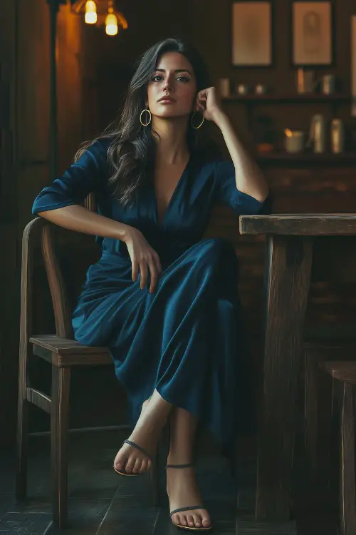 Woman in a navy blue satin wrap dress, flat sandals, and gold hoop earrings, sitting at a rustic wooden dining table under dimmed warm lighting