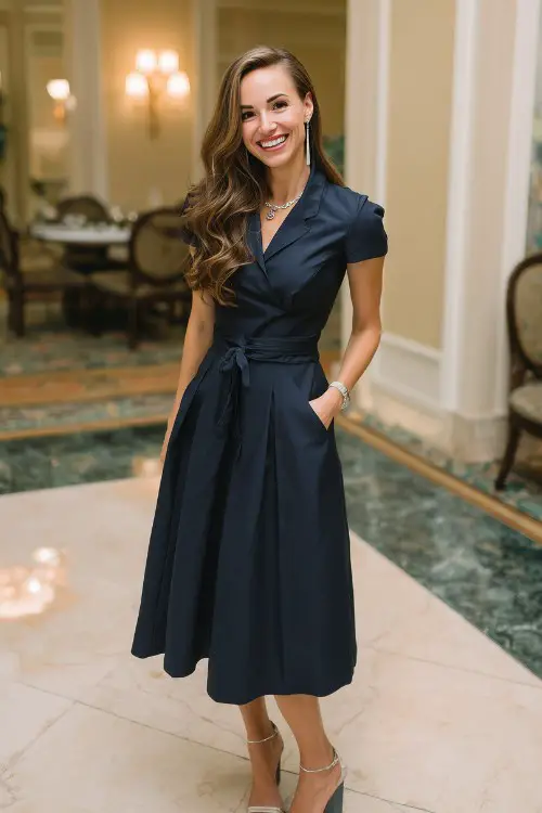 a woman over 40 wears a navy dress with heels