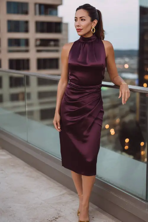 a woman over 40 wears a plum halter wedding guest dress