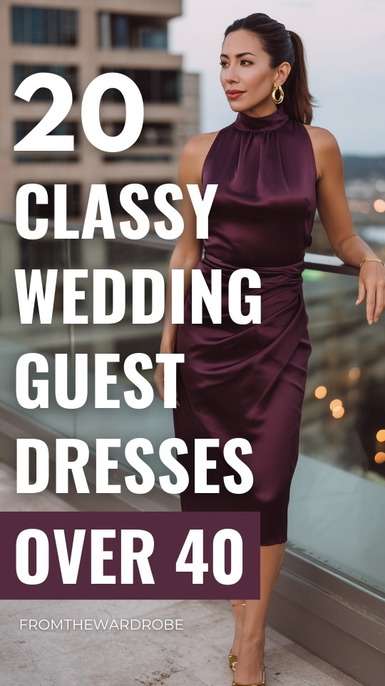 a woman over 40 wears a plum halter wedding guest dress