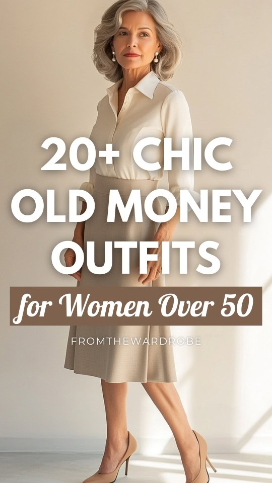 a woman over 50 wears an old money outfit with a cream blouse and a beige skirt