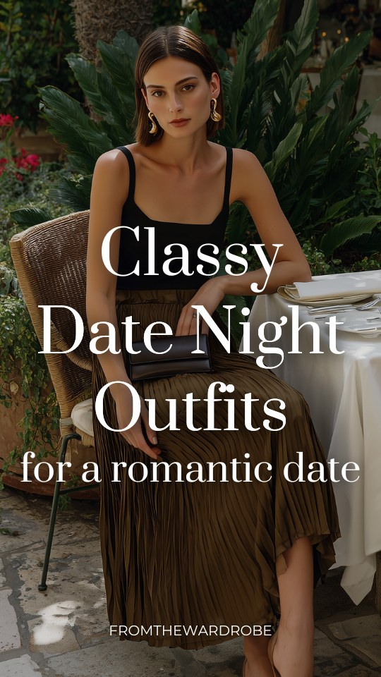 a woman wears a black top with olive skirt for a date night